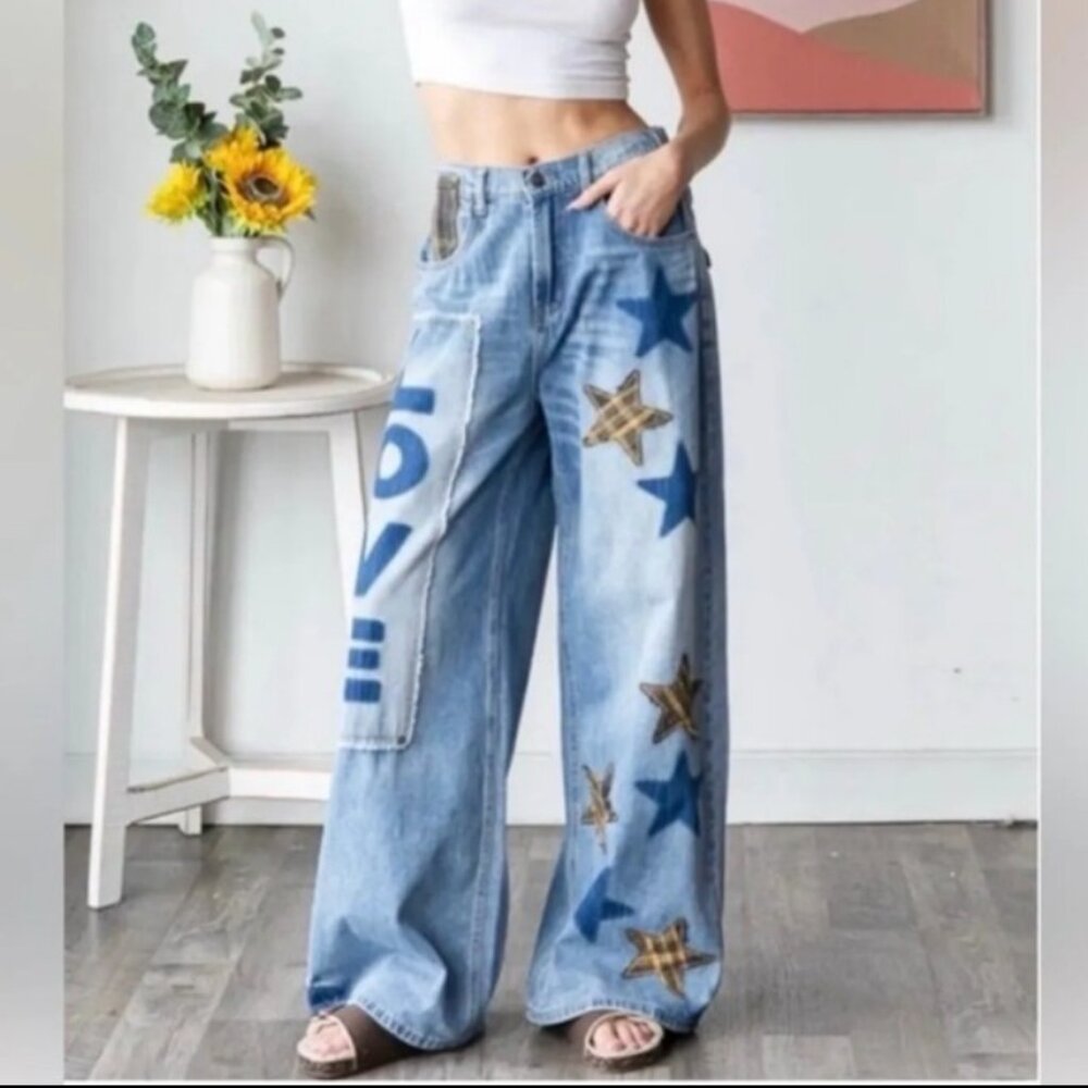 🆕Oli & Hali Washed Star Love Patchwork Jeans with Plaid Size XL